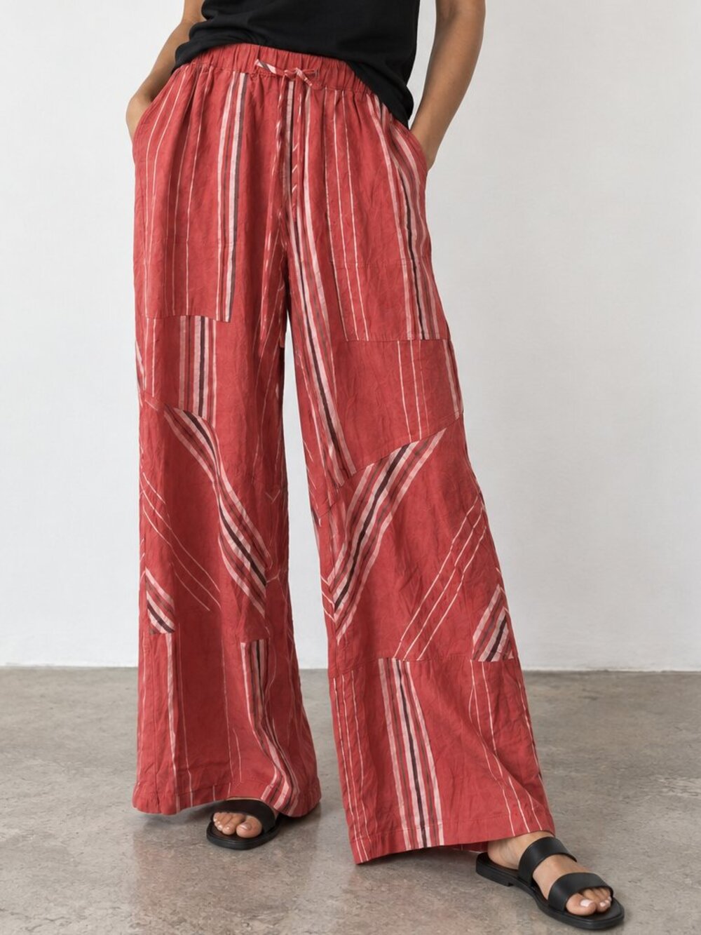 URBAN OUTFITTERS Eden Wide Leg High Rise Linen Blend Striped Pant Washed Red